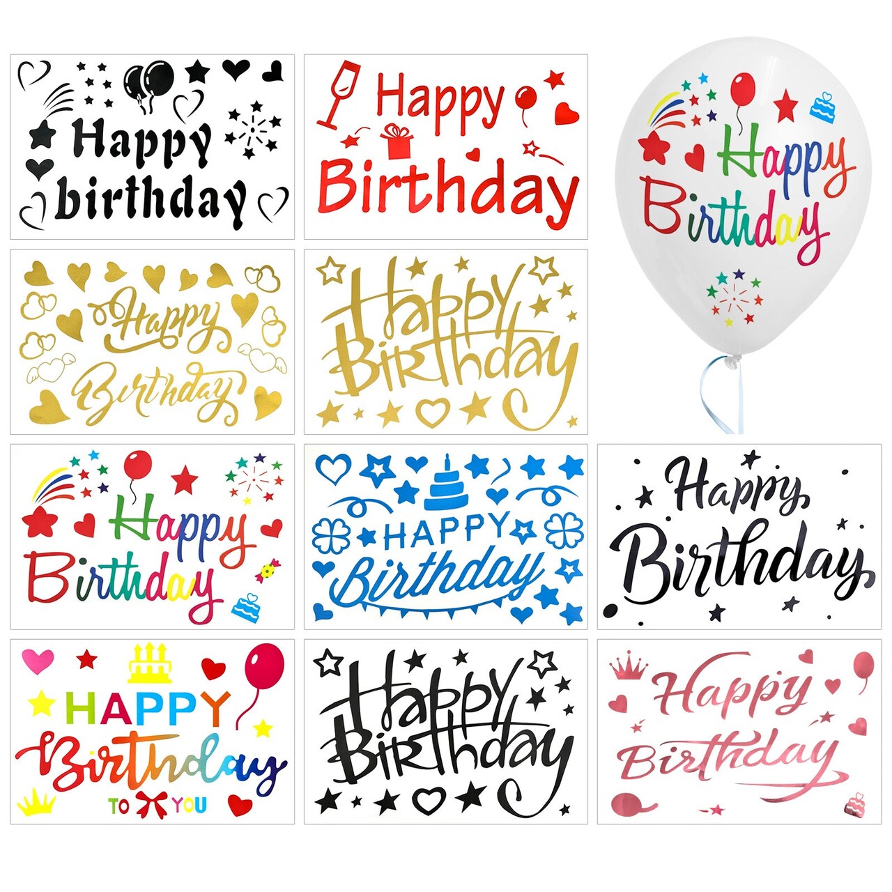 Wrapables Bobo Balloon Stickers, DIY Balloon Decoration Decals for Birthday Parties, Wedding Anniversaries, Celebrations (Set of 10), Happy Birthday